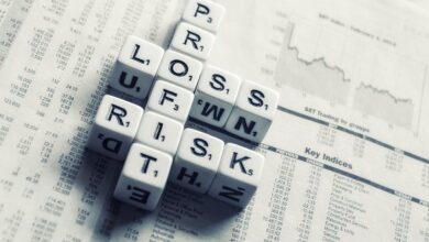 dices over newspaper, profit, loss risk