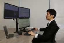computer, office, business, laptop, desk trader in the financial multi-screen