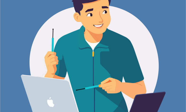 man, laptop, computer, technology, business, maintenance, support, system, service, professional, employee, equipment, software, cartoon, man, business, business, business, business, business