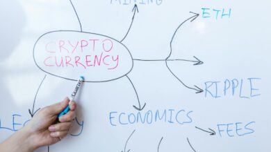 Hand writing cryptocurrency concepts on whiteboard in business meeting.