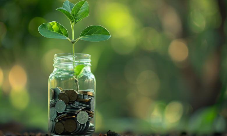 seedling, investment, coins, jar, glass, currency, invest smart, money, finance, profit, wealth, financial, savings, benefit, value, deposit, nature, green background, decision, bokeh