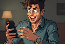 man, comic, cartoon, mobile, bitcoin, fear, depression, emotion, shares, investment, trade, financial, ai generated