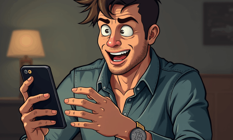 man, comic, cartoon, mobile, bitcoin, fear, depression, emotion, shares, investment, trade, financial, ai generated