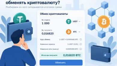 Схема расчёта обмена USDT на BTC с отдельными строками курса, комиссии и сетевого сбора