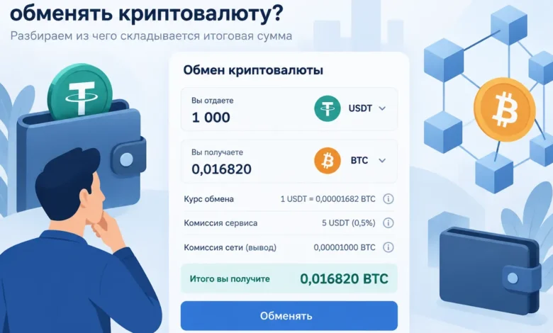 Схема расчёта обмена USDT на BTC с отдельными строками курса, комиссии и сетевого сбора