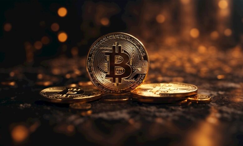 a bitcoin sitting on top of a pile of gold coins