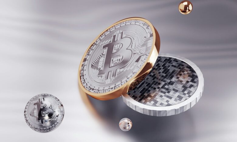 a bitcoin in a box surrounded by other coins