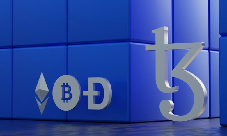 a blue block with a bitcoin symbol on it